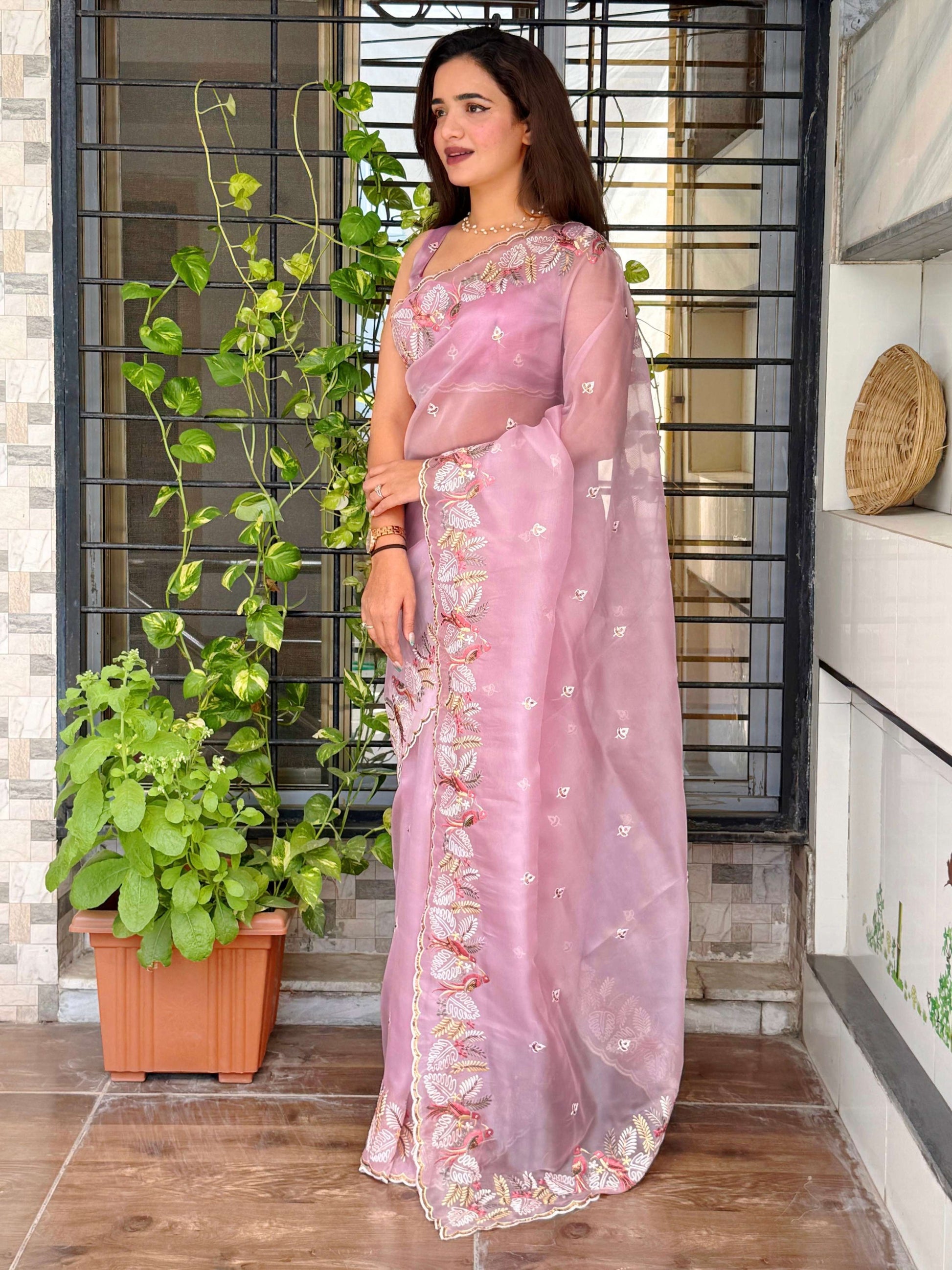 Evanik Leno Net Organza Embroidered Work Saree With Unstitched Blouse