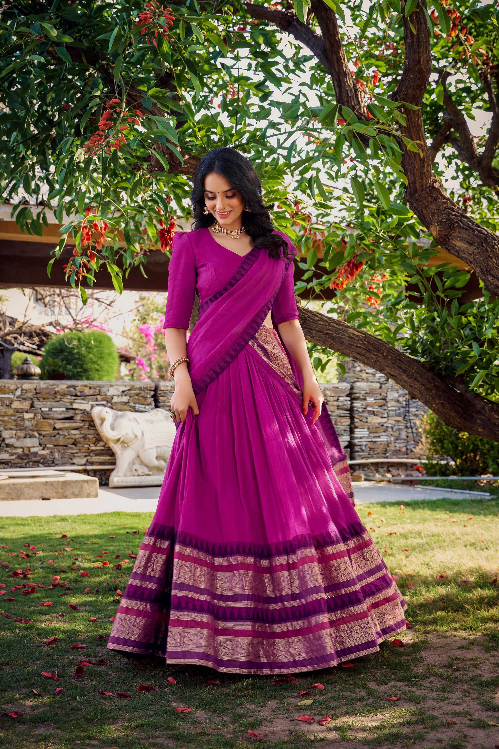 Evanik Women Pure Chanderi Plain With Zari Weaving Work Border Stitched Lehenga With Unstitched Blouse Dupatta(Up to 42)