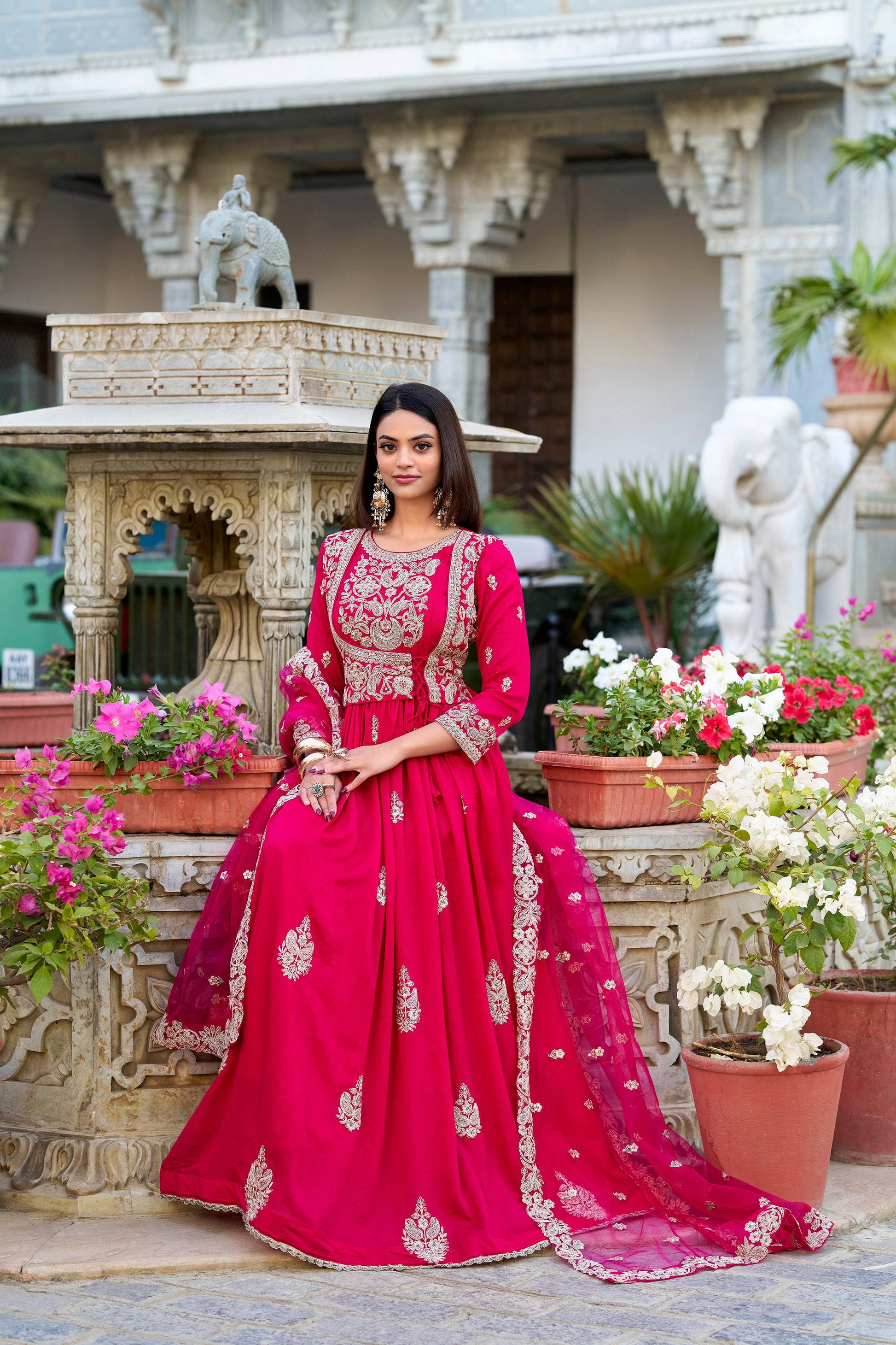 Evanik Pink Vichitra Silk Sequins and Thread Embroidery Work Gown Dupatta
