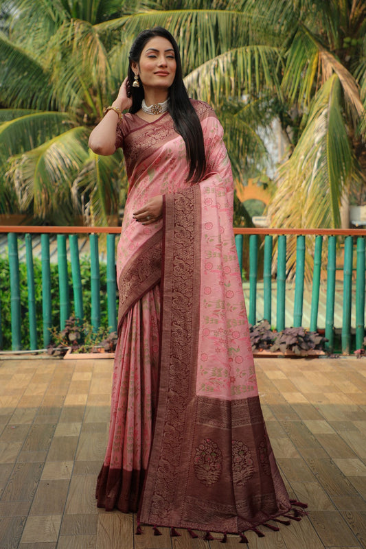 Anaita Pink Woven Design Pure Kanjivaram Soft Satin Silk Saree With Blouse
