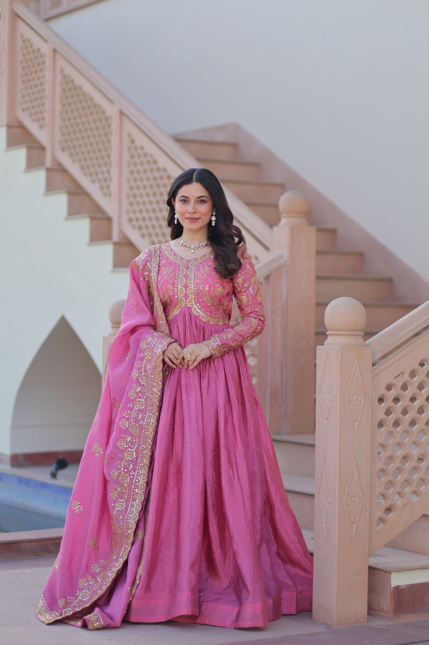 Evanik Pink Gold-Crush Fabric with Sequins & Multi Embroidered work Gown Dupatta