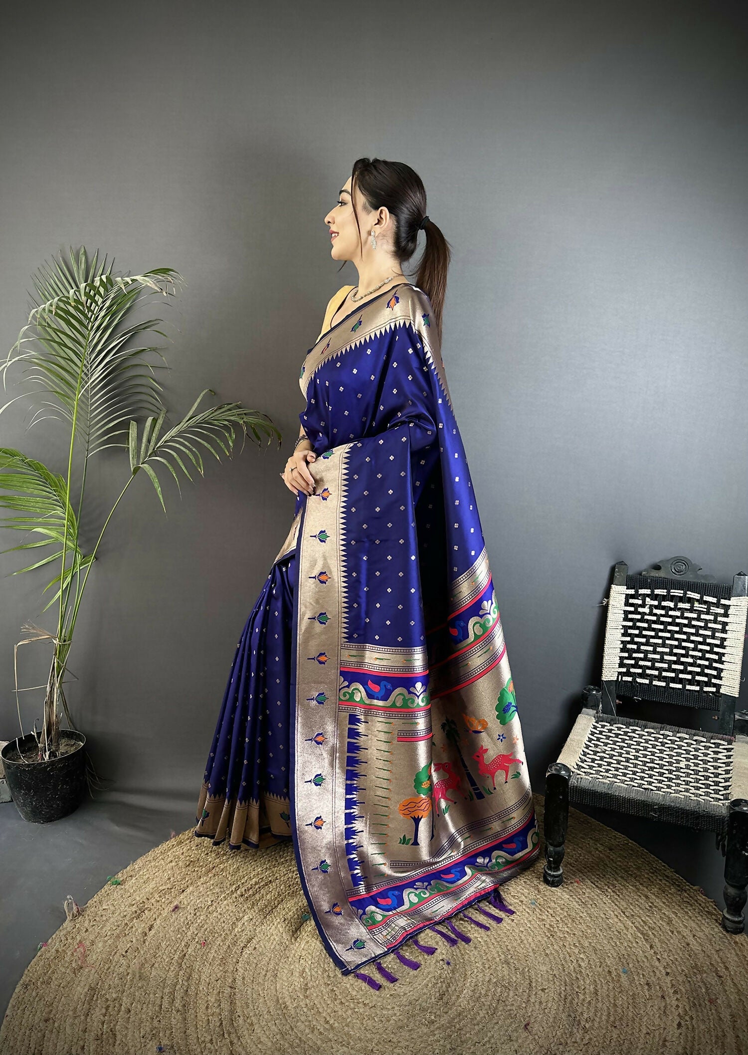 Joban Fashion Royal Blue Peacock & Floral Motifs Soft Lichi Silk Kanchipuram Saree