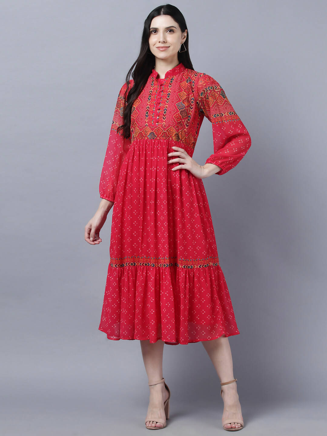 Myshka Stylish Red 3/4 Sleeve Women's Dress