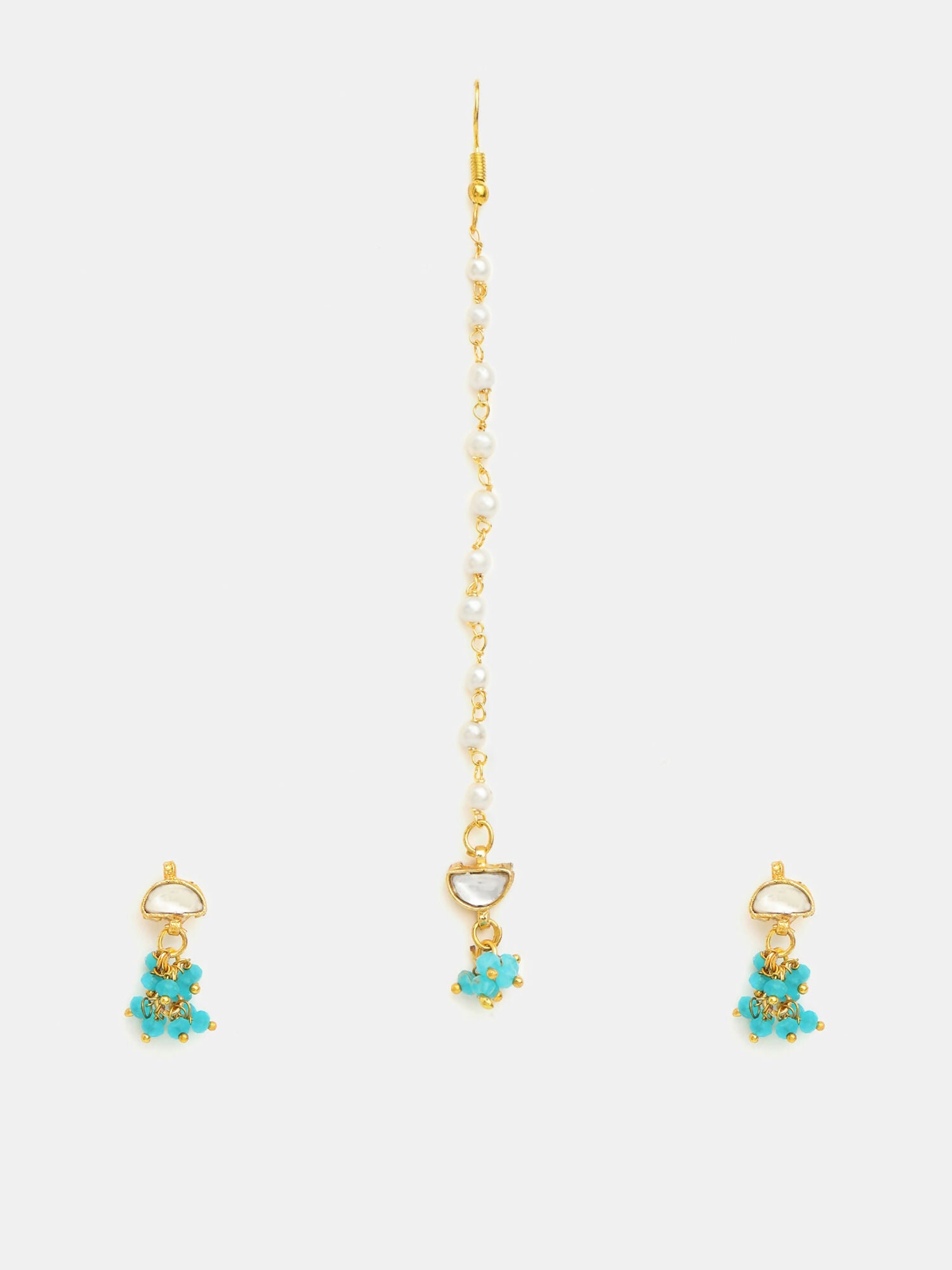 Ruby Raang Semi-Circle Gold Blue Earrings Set With Maang Tikka