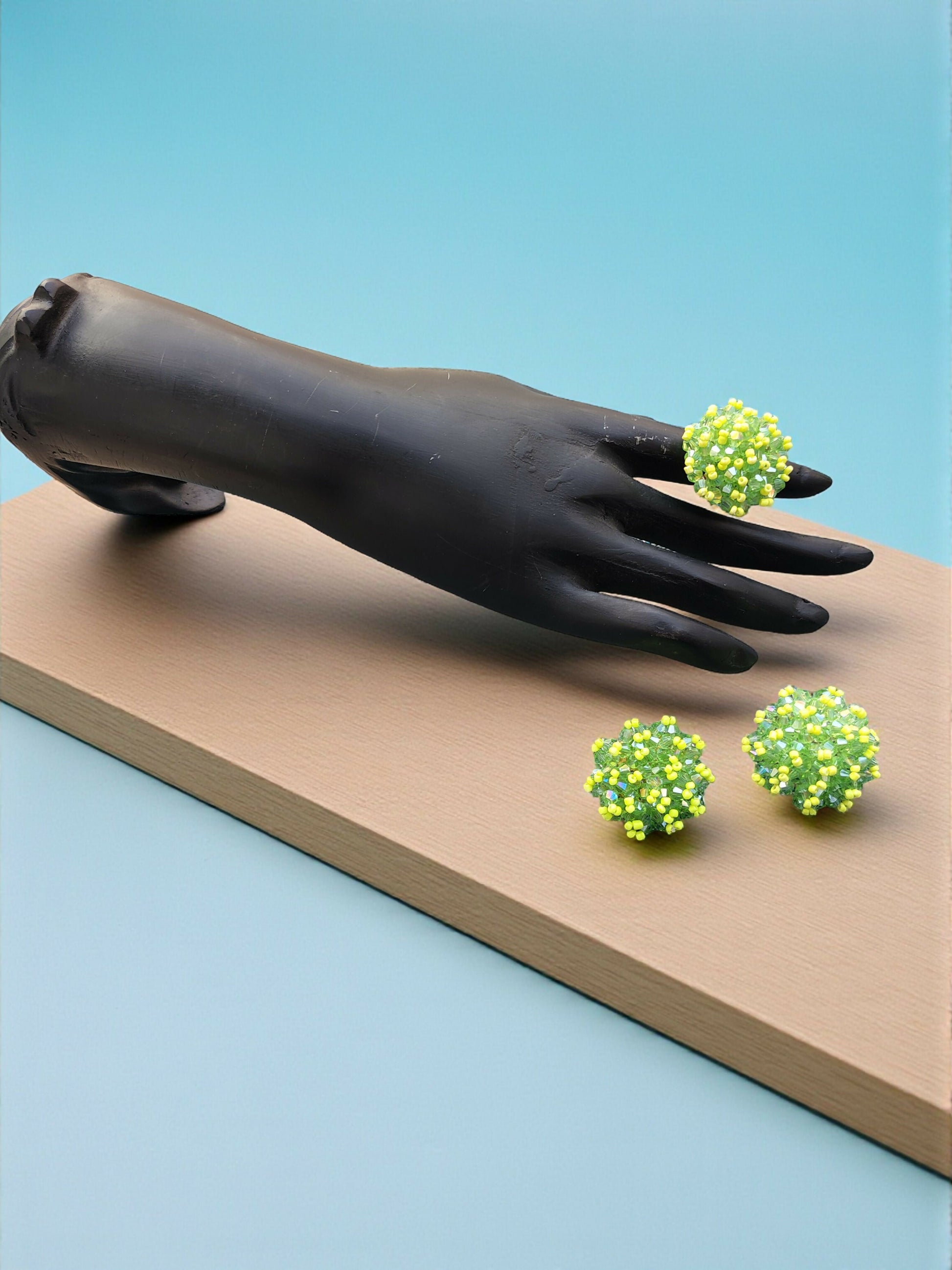 Inhanns Rangmani Crystal Duo – Adjustable Ring + Statement Earrings Set - Neon Green