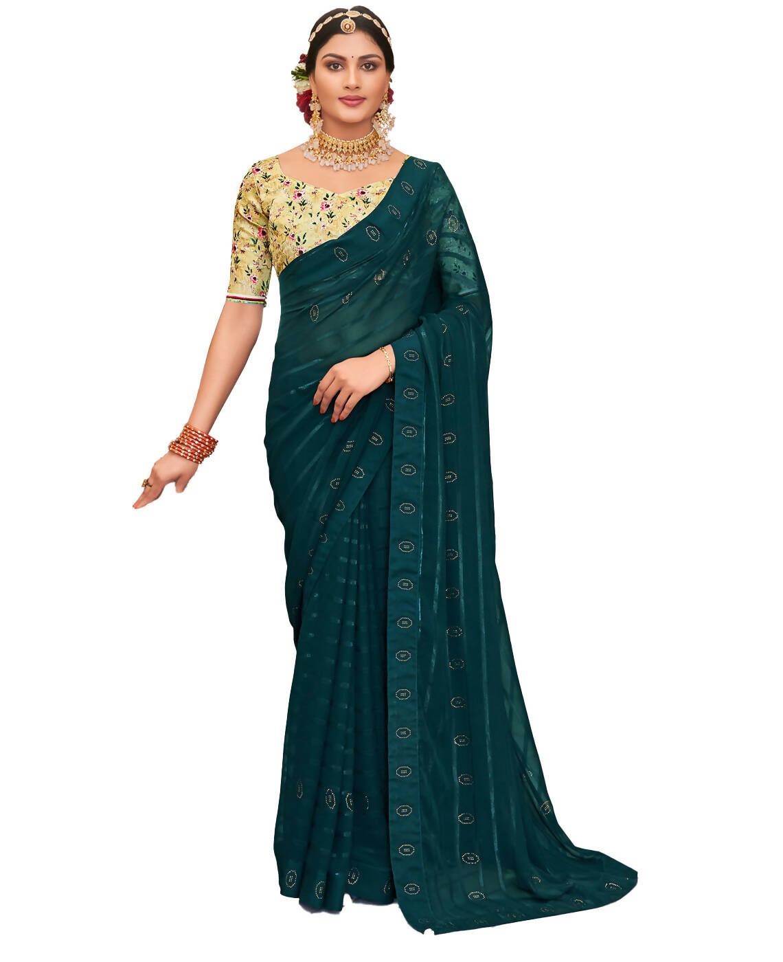 Teal Georgette Swaroski Work Saree With Unstitched Blouse Piece - Juhi