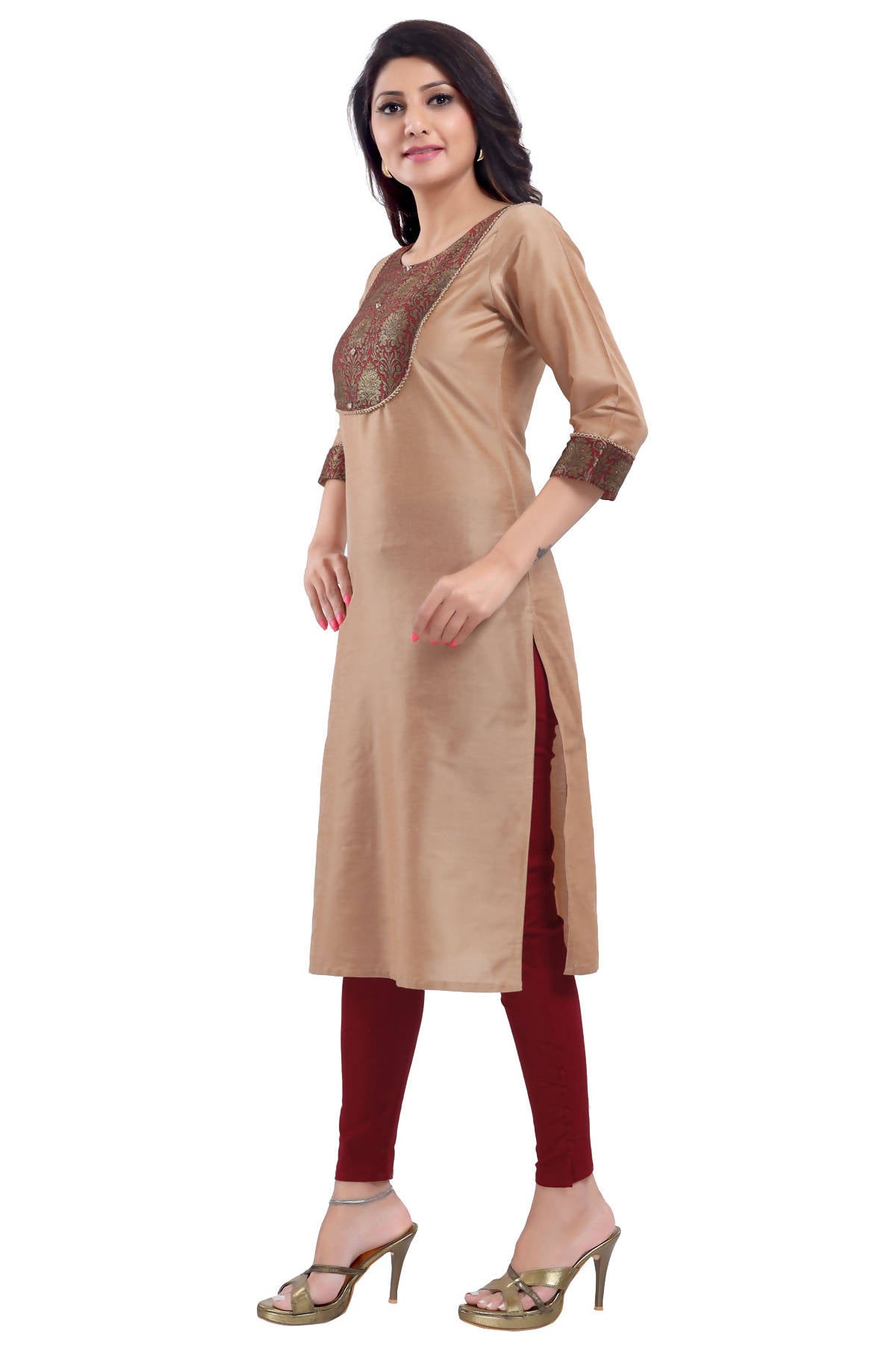 Snehal Creations Beige Cotton Silk Kurti Top