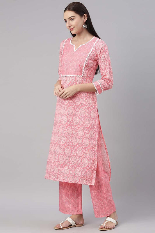 Ahika Pink Polyester Paisley Printed Straight Suit Set