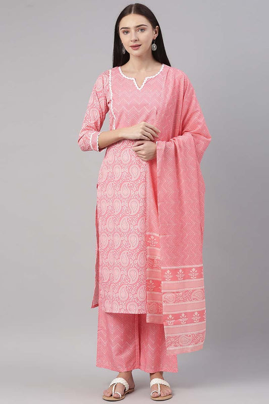 Ahika Pink Polyester Paisley Printed Straight Suit Set