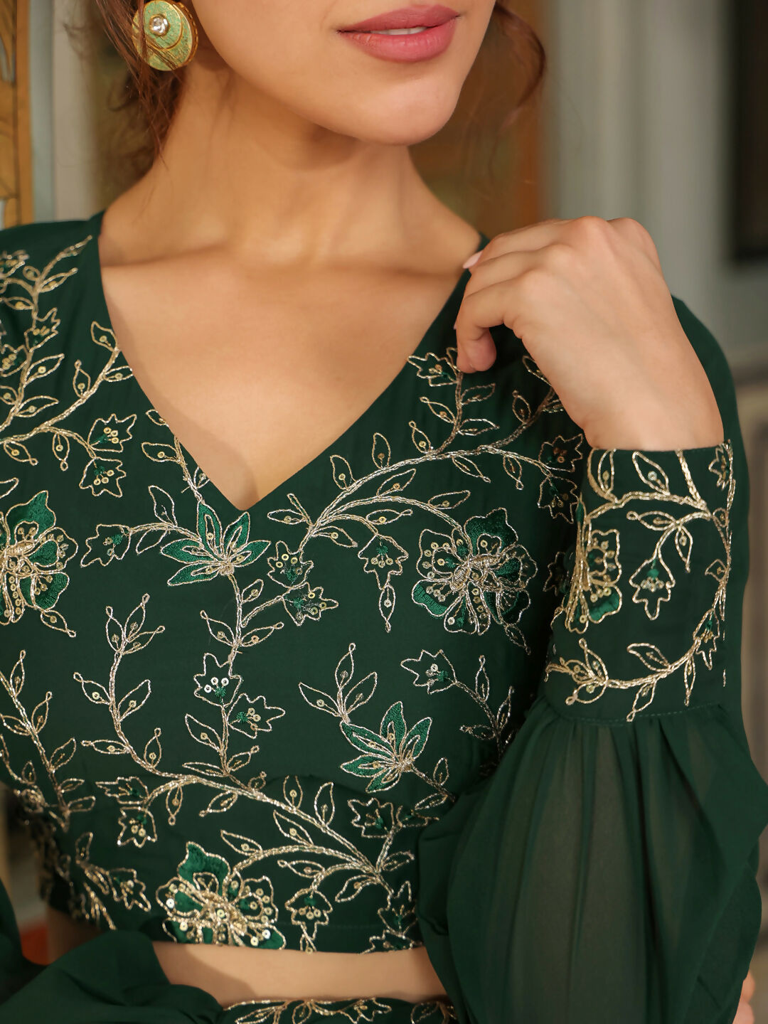 Janasya Dark Green Georgette Embroidered Top & Skirt 