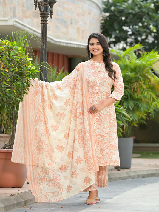 Juniper Women's Brown Floral Printed Cotton Kurta Set With Buttons