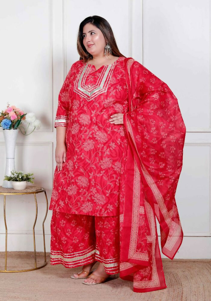 Miravan Plus Size Red Floral Print Embroidered Cotton Straight Kurta With Palazzo & Dupatta