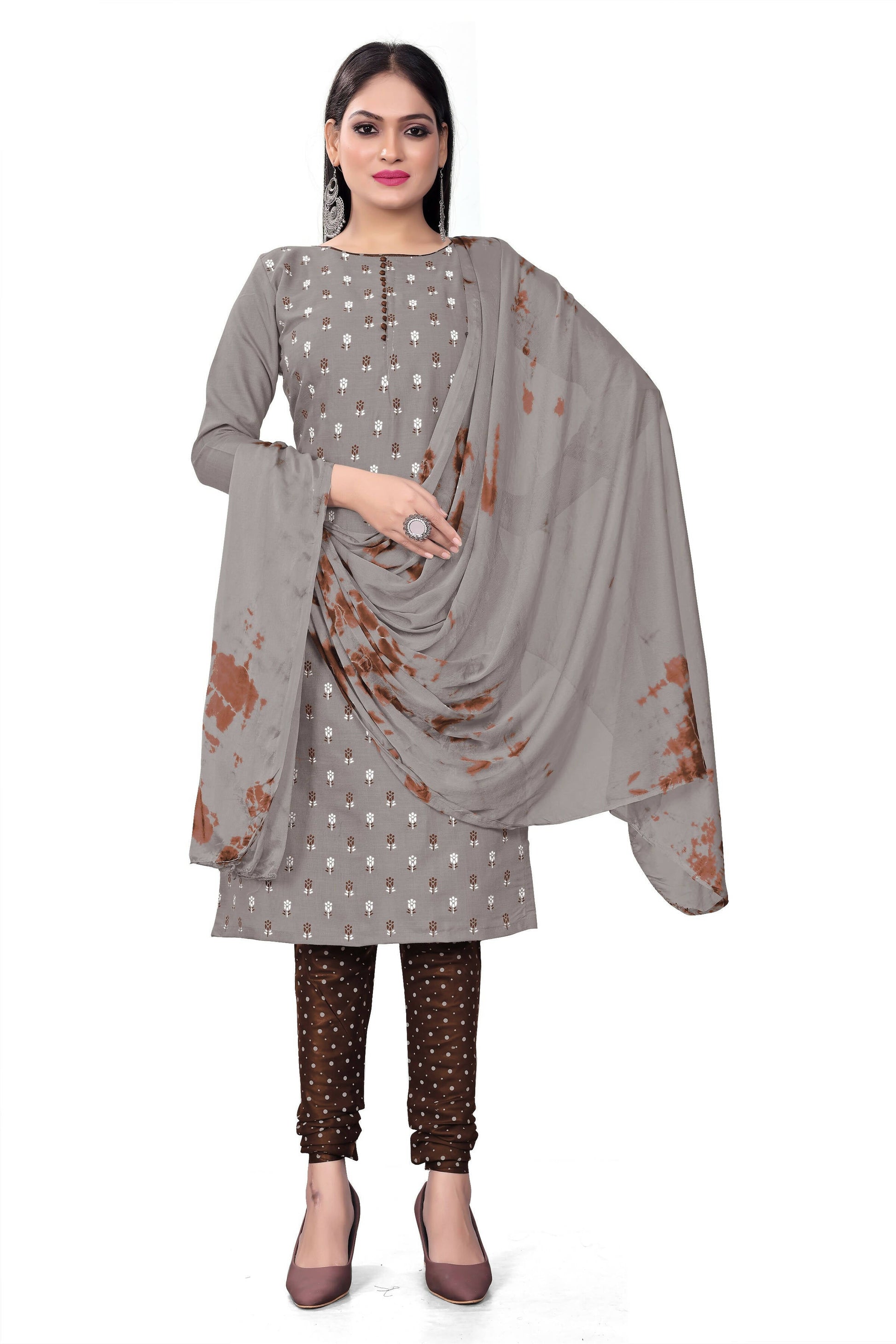 Grey Slab cotton Printed Unstitched Dress Material - Tanvi