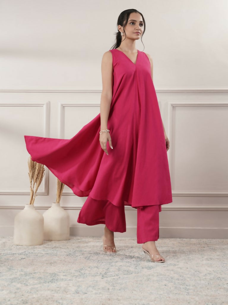Joban Fashion Women's Fuchsia Cotton A-Line Midi Dress With Pants