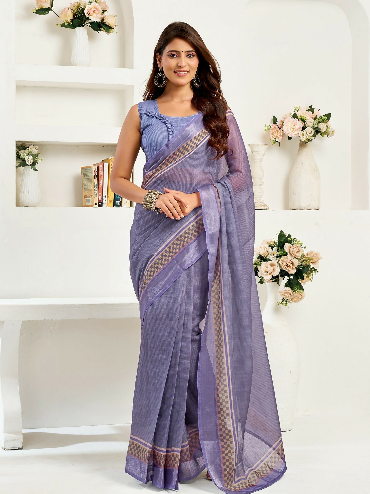 Joban Fashion Lavender Striped Linen Ready To Wear Saree With Unstitched Blouse