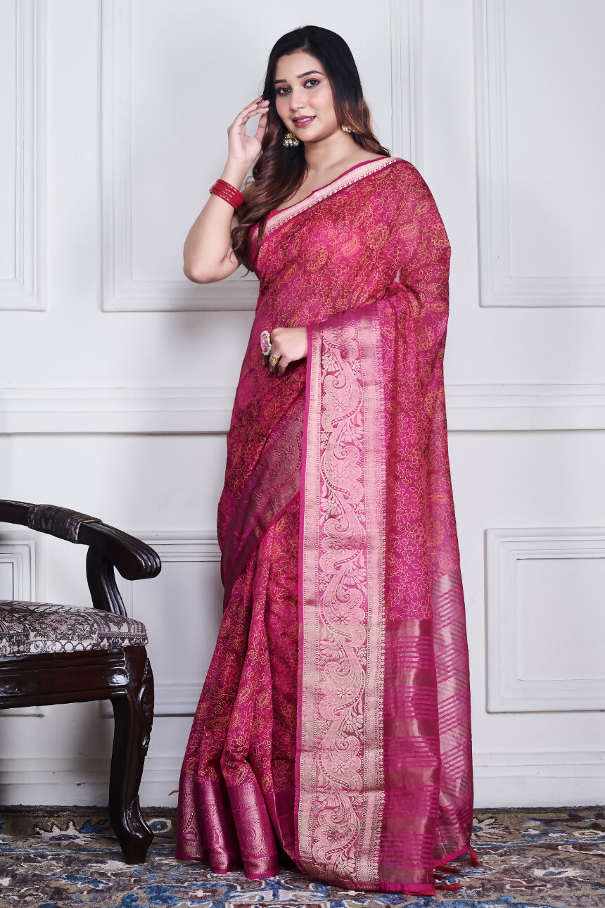 Morchari Pink Script Printed Orzanga Saree Unstitched Blouse