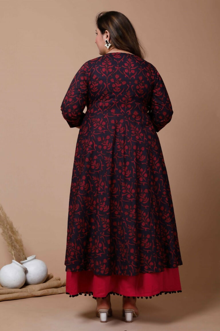 Miravan Women's Plus Size Navy Blue Floral Printed Anarkali Kurta