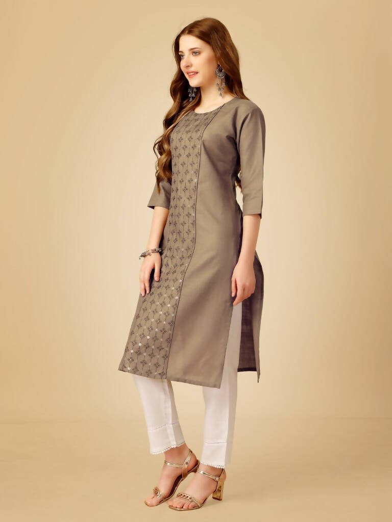 Aastha Fashion Women's Khaki Cotton Blend Embroidered Kurta Pant Set - Grab2buy