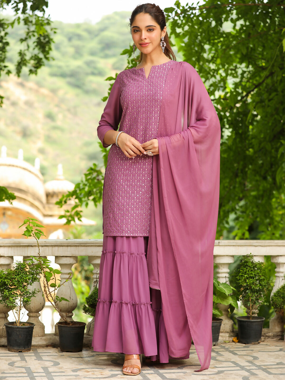 Janasya Lavender Georgette Embroidered Kurta,Bottom & Dupatta 