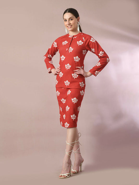 Myshka Women's Rust Printed Round Neck Party Top With Skirt Co-ord set 