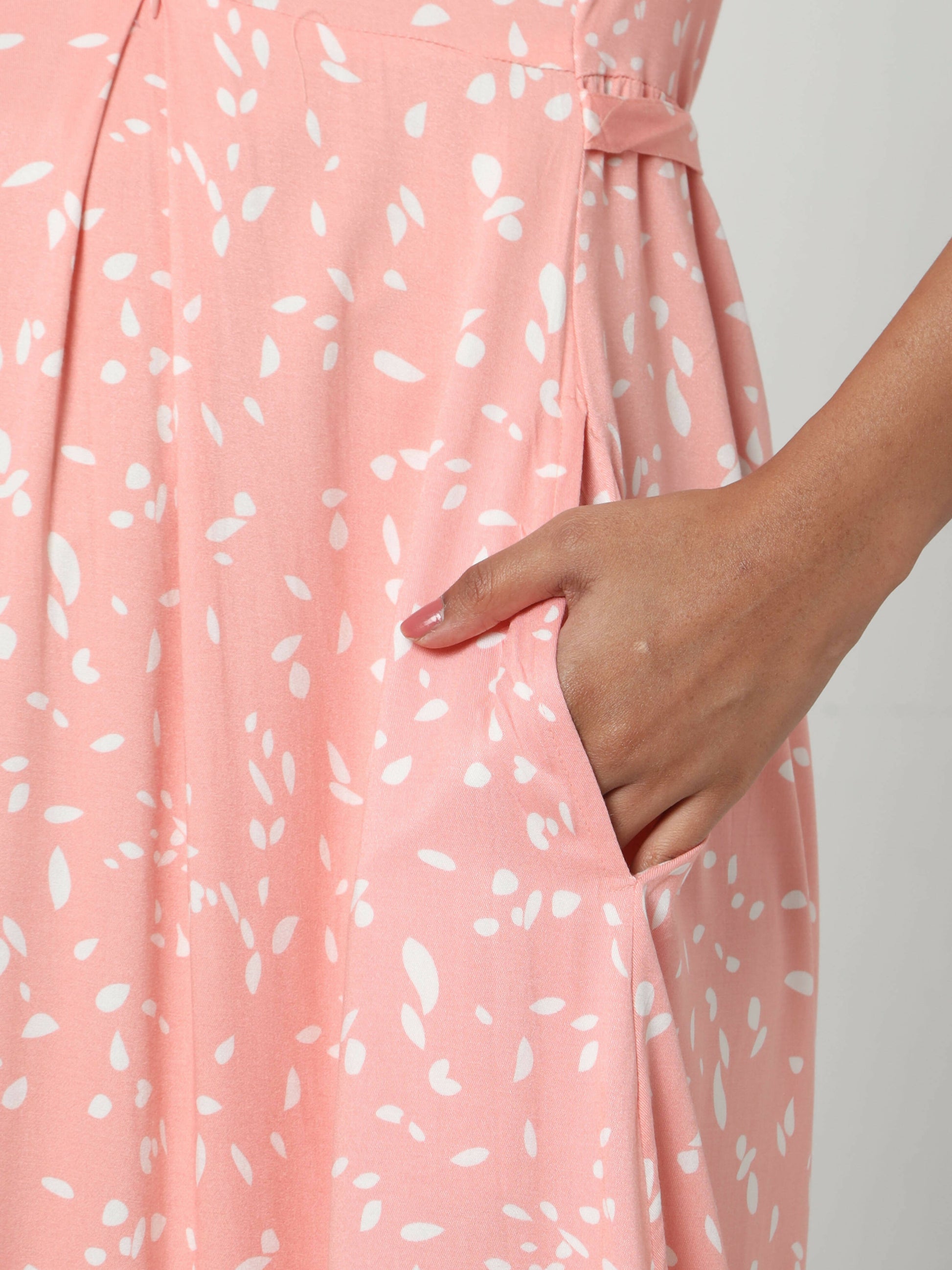 Manet Three Fourth Maternity Dress White Dot Print With Concealed Zipper Nursing Access - Pink