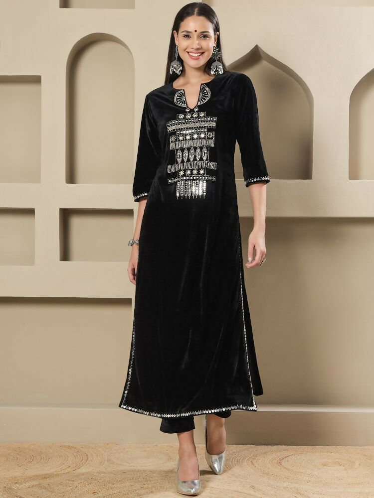 Joban Fashion Women Black Velvet Hand Embellishment Stitched Kurta Set