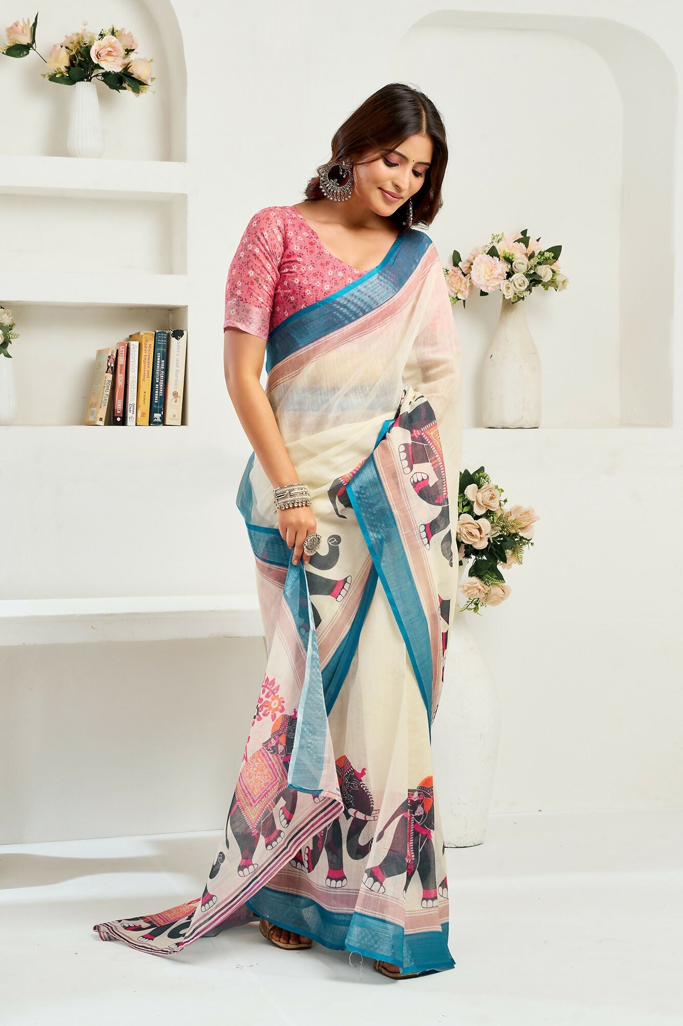 Vastranavya Cream Digital Printed Linen Ready To Wear Designer Grab2Buy with Unstitched Blouse  Grab2Buy Vastranavya Grab2Buy
