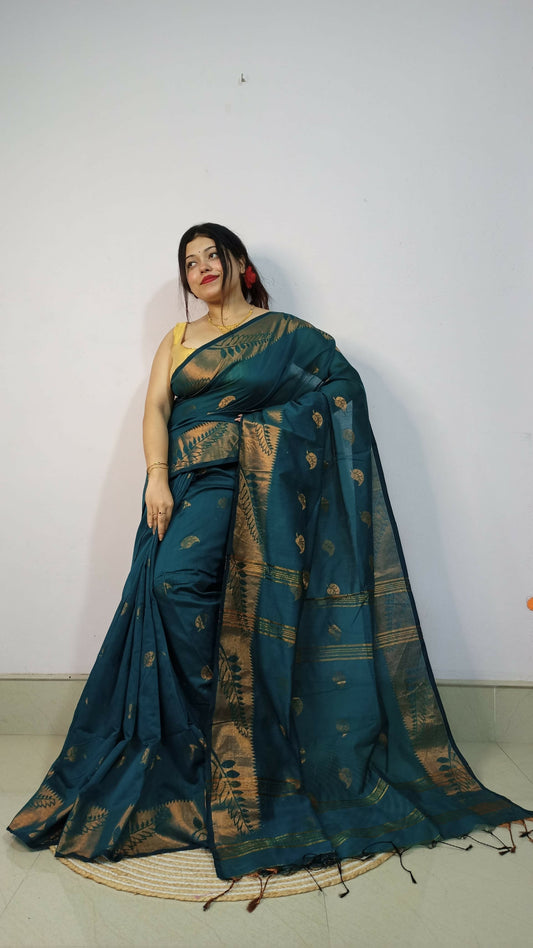 Exclusive Collection Beautiful Purssion Green Cotton Silk Woven Handloom Grab2Buy With Running Blouse Piece 