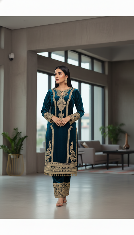 Teeya Creation Teal Color Velvet Fabric Designer Embroidery Work Suit