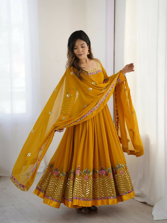Joban Fashion Mustard Georgette Sequence Embroidery Work Readymade Kurta Set