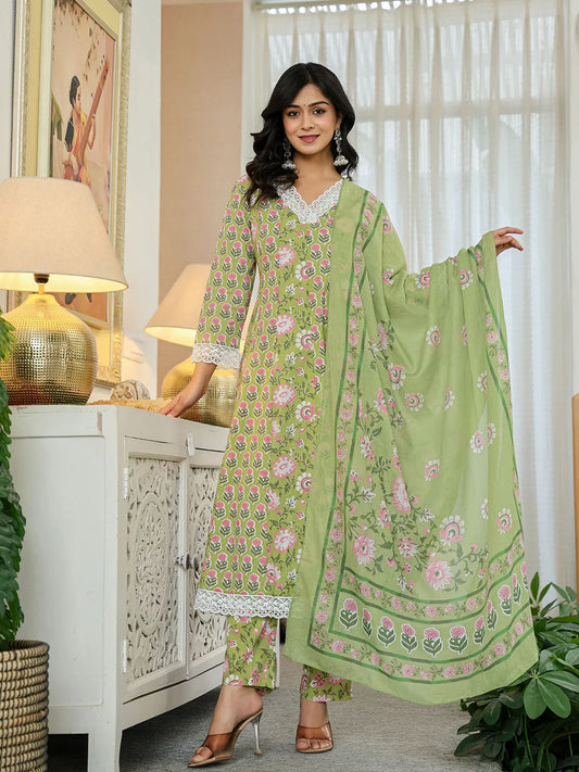 Yufta Pure Cotton Green Anarkali Kurta Dupatta Set With Lacework