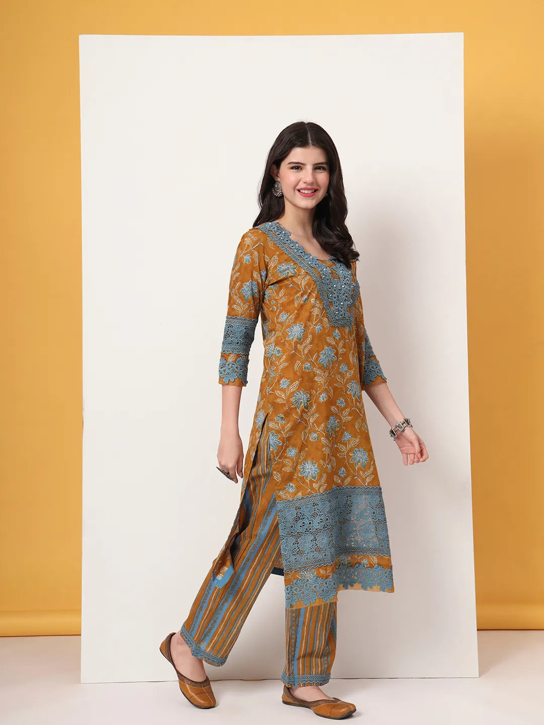 Yufta Pure Cotton Mustard Kurta Dupatta Set With Lace Detailing