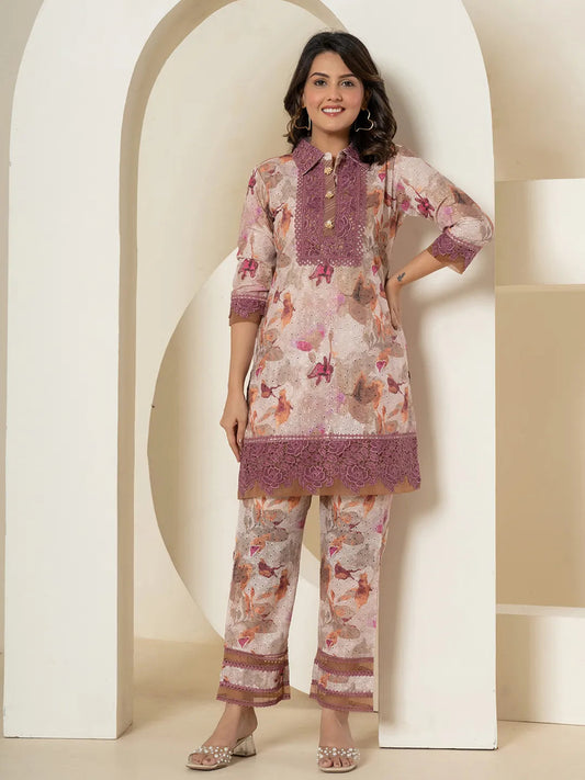 Yufta Purple Cotton Schiffli Co-Ord Set With Lace Detailing 