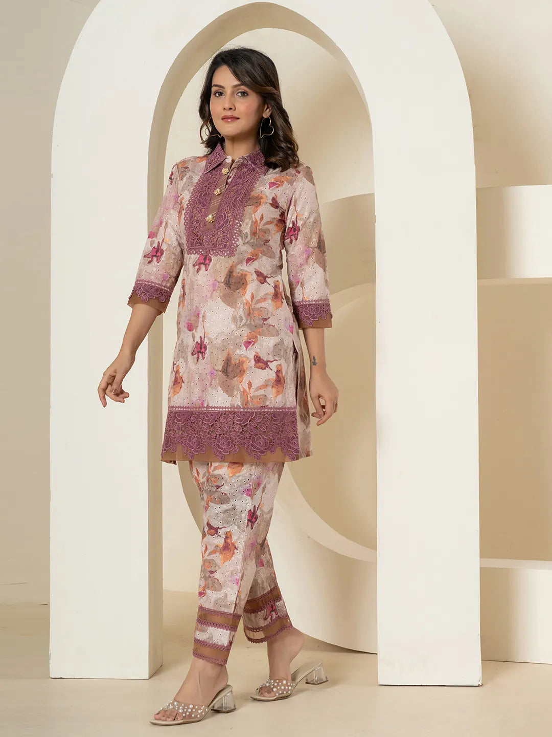 Yufta Purple Cotton Schiffli Co-Ord Set With Lace Detailing 
