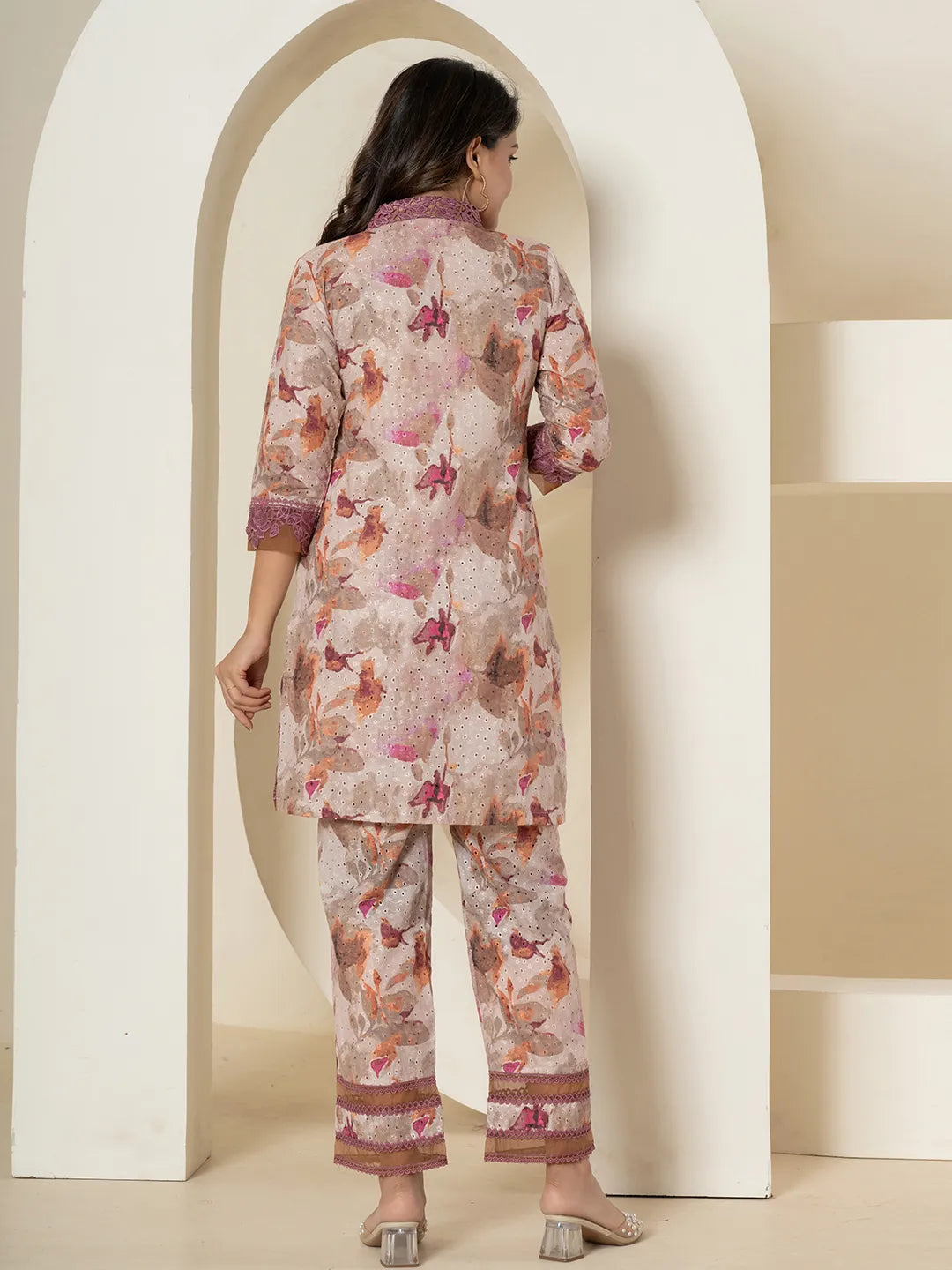 Yufta Purple Cotton Schiffli Co-Ord Set With Lace Detailing 