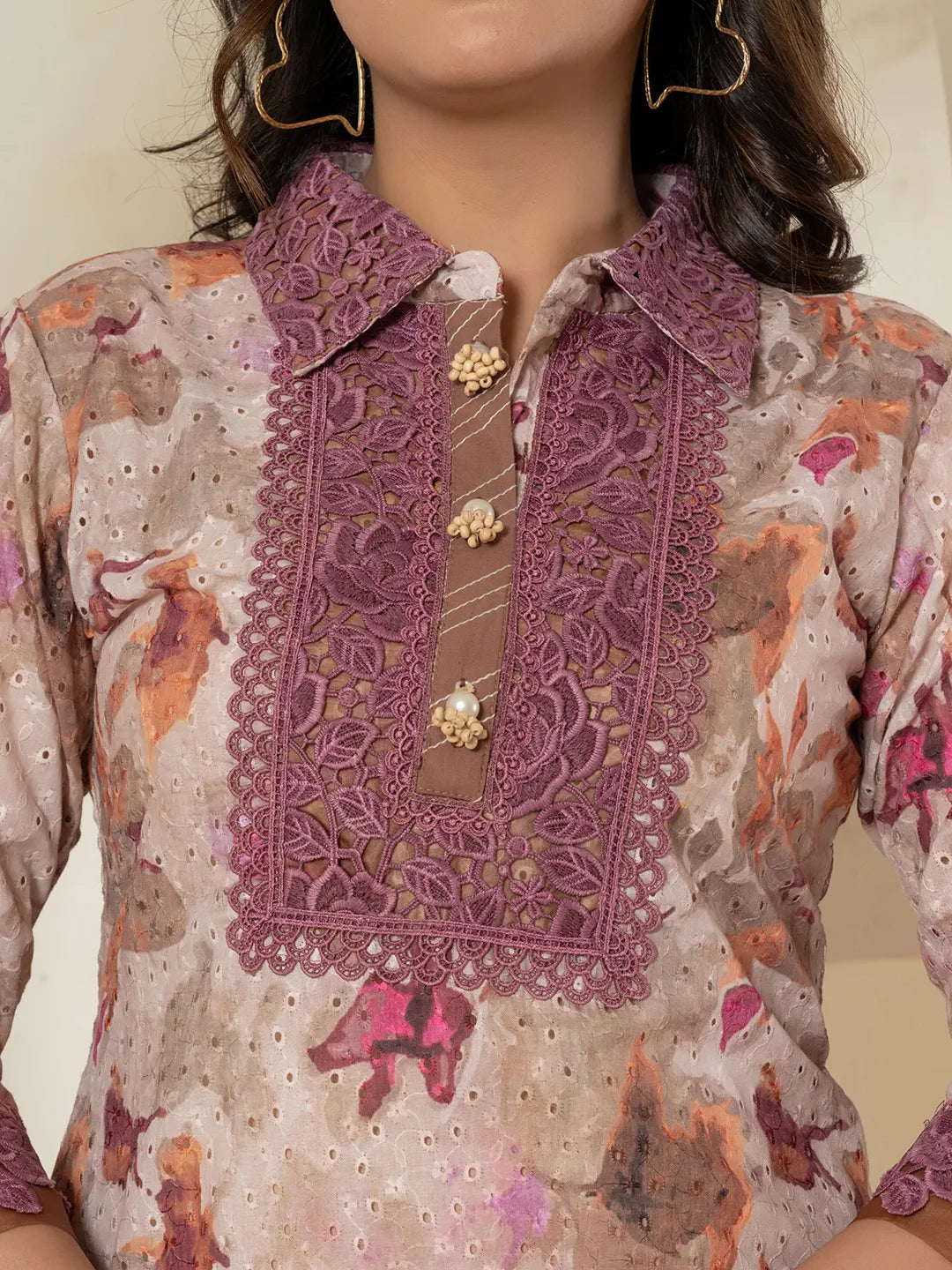 Yufta Purple Cotton Schiffli Co-Ord Set With Lace Detailing 