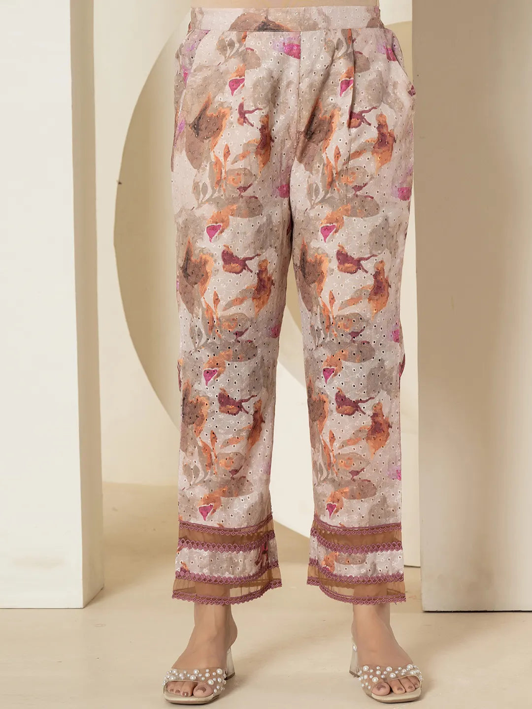 Yufta Purple Cotton Schiffli Co-Ord Set With Lace Detailing 