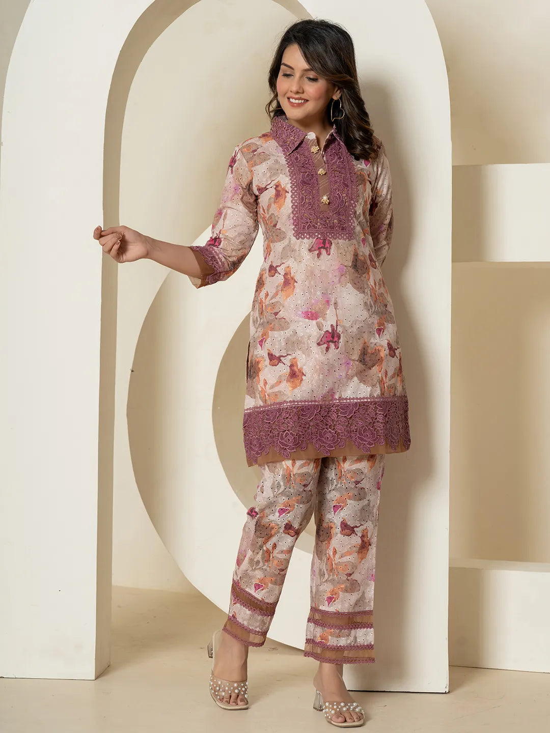 Yufta Purple Cotton Schiffli Co-Ord Set With Lace Detailing 