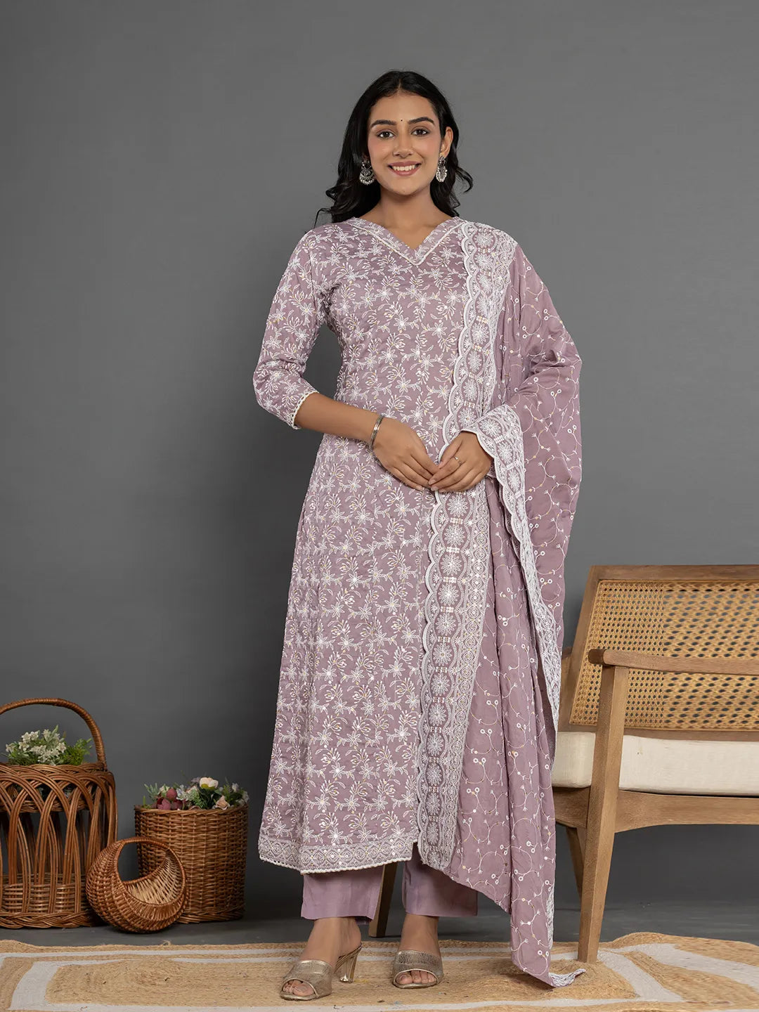 Yufta Purple Cotton Silk Embroidered Anarkali Kurta Dupatta Set 