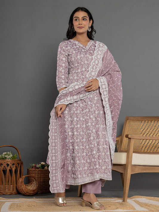 Yufta Purple Cotton Silk Embroidered Anarkali Kurta Dupatta Set 