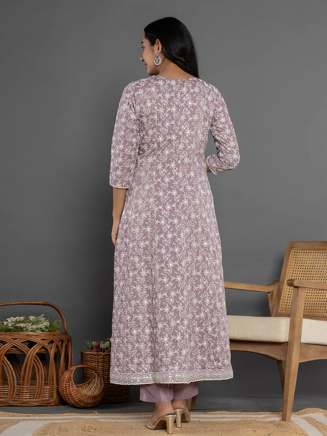 Yufta Purple Cotton Silk Embroidered Anarkali Kurta Dupatta Set 