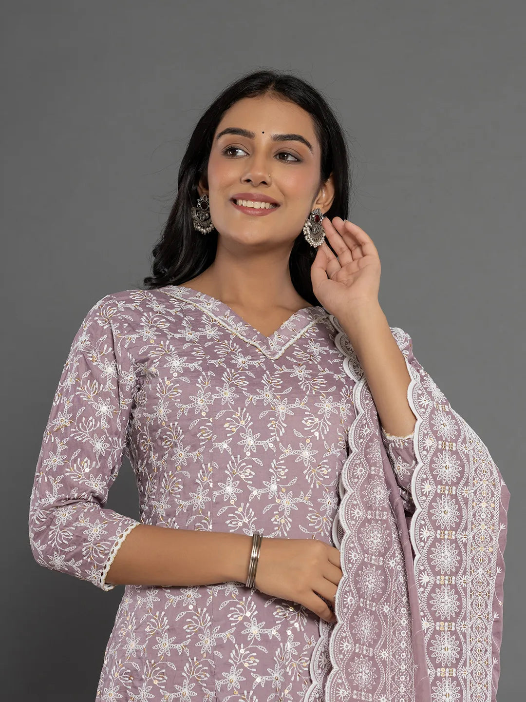 Yufta Purple Cotton Silk Embroidered Anarkali Kurta Dupatta Set 