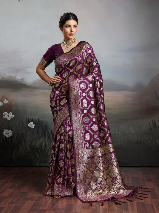 Anaita Purple Silk Blend Woven Saree With Blouse