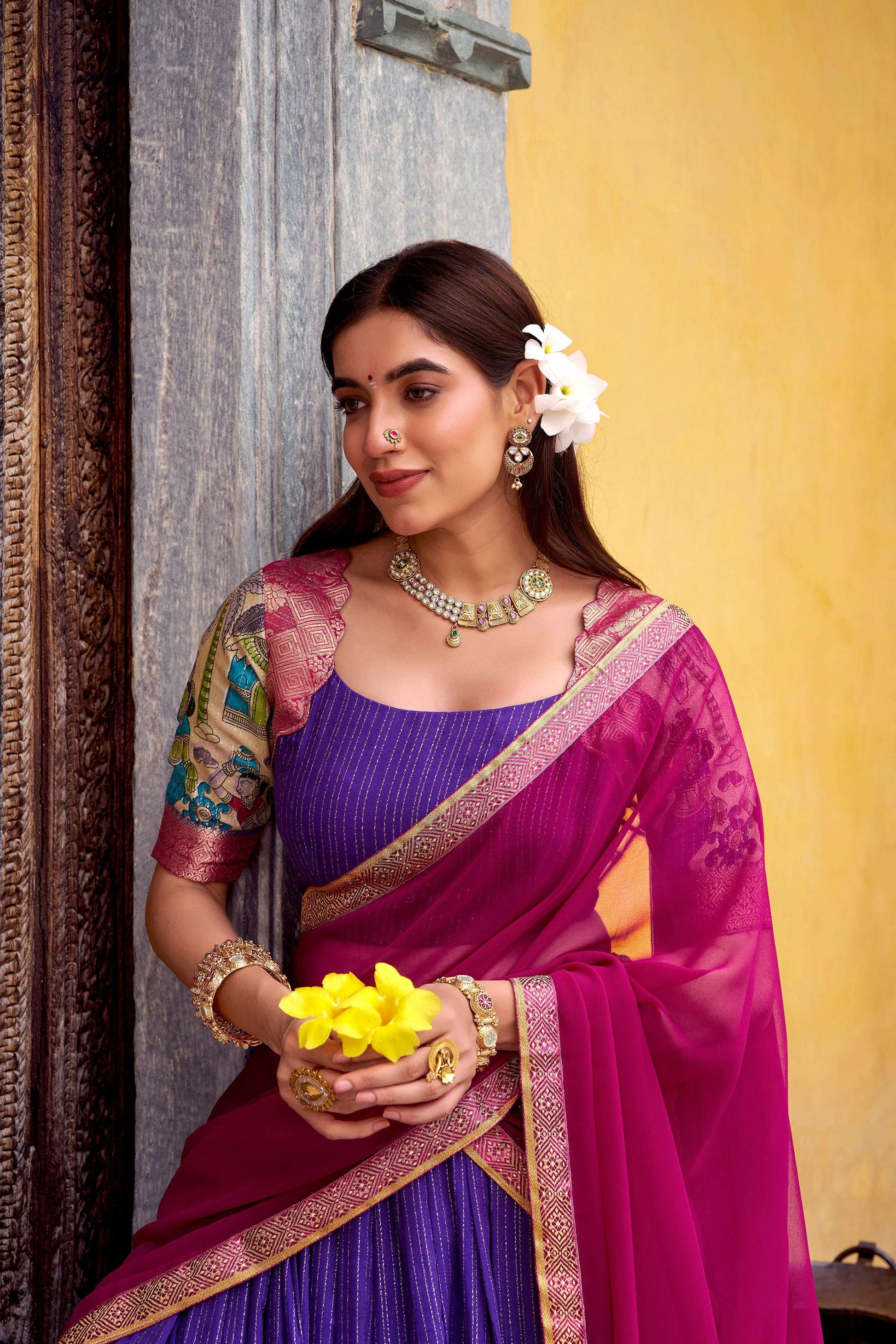 Evanik Purple South Style Kalamkari Print Design Zari Work Unstitched Lehenga Choli