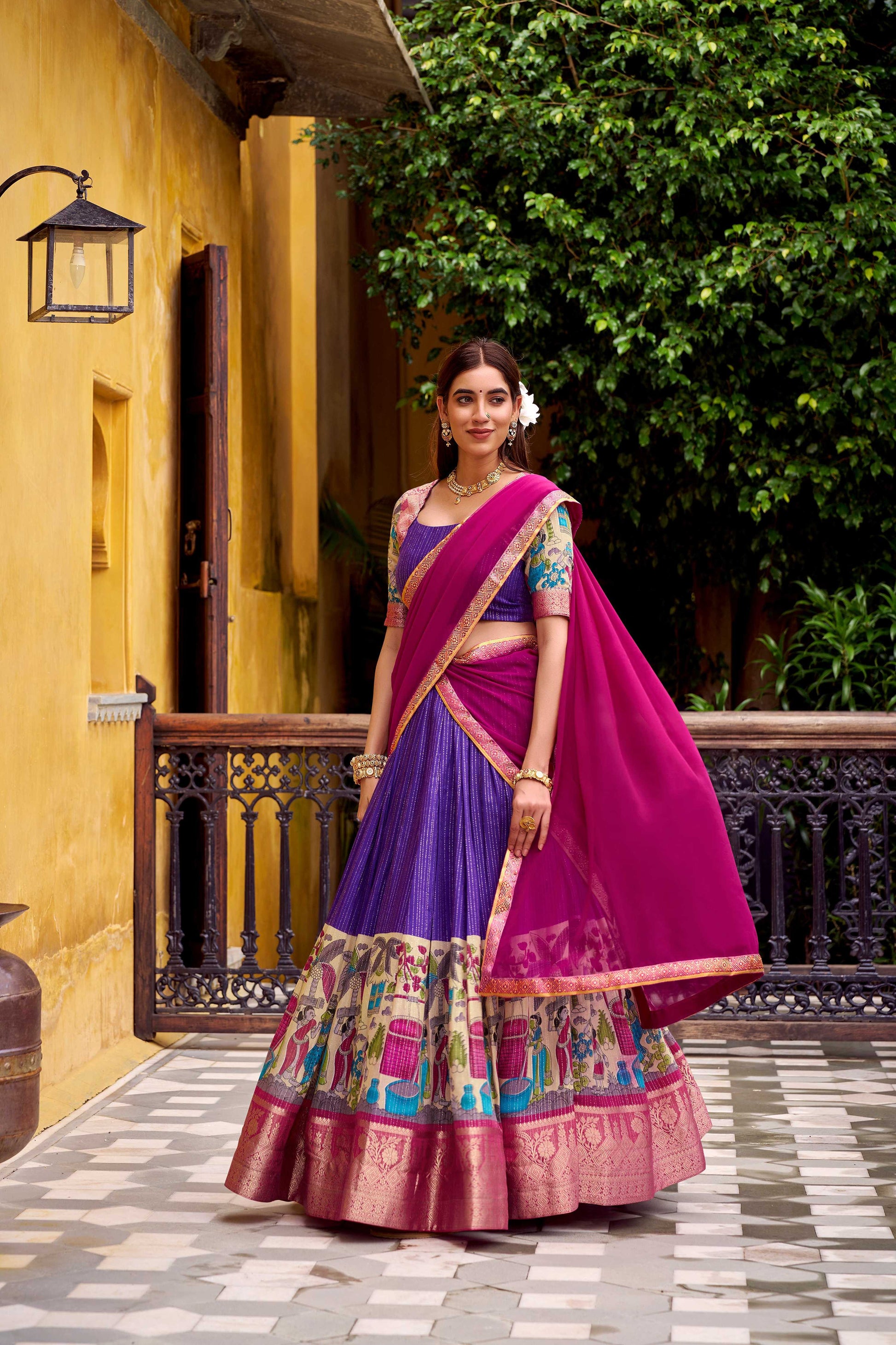 Evanik Purple South Style Kalamkari Print Design Zari Work Unstitched Lehenga Choli