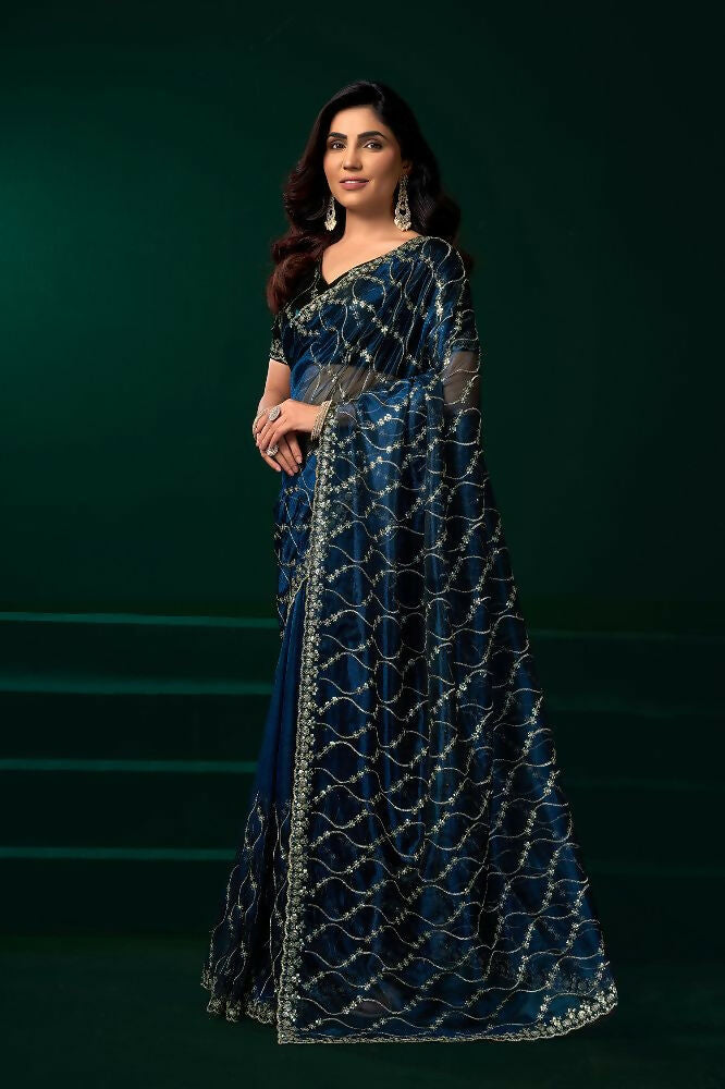 Joban Fashion Navy Blue Net Party Wear Sarees