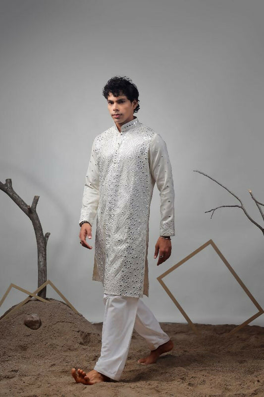 Off White Viscose Heavy Embroidery Work Kurta Set - Mahotsav