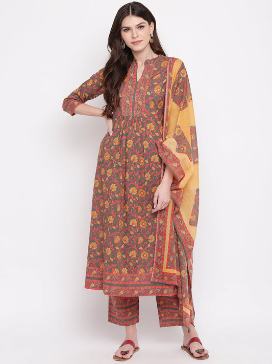 NOZ2TOZ Women Yellow, Grey Kurta With Palazzo & Dupatta (3pcs Set)