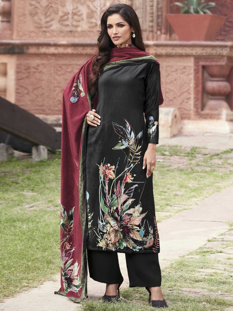 Aastha Fashion Women's Black Velvet Floral Digital Printed Kurta with Trouser & Dupatta - Grab2buy