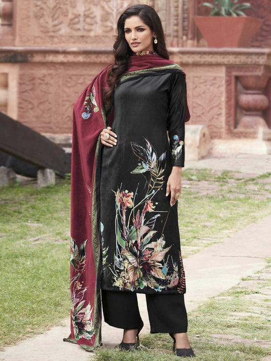 Aastha Fashion Women's Black Velvet Floral Digital Printed Kurta with Trouser & Dupatta - Grab2buy